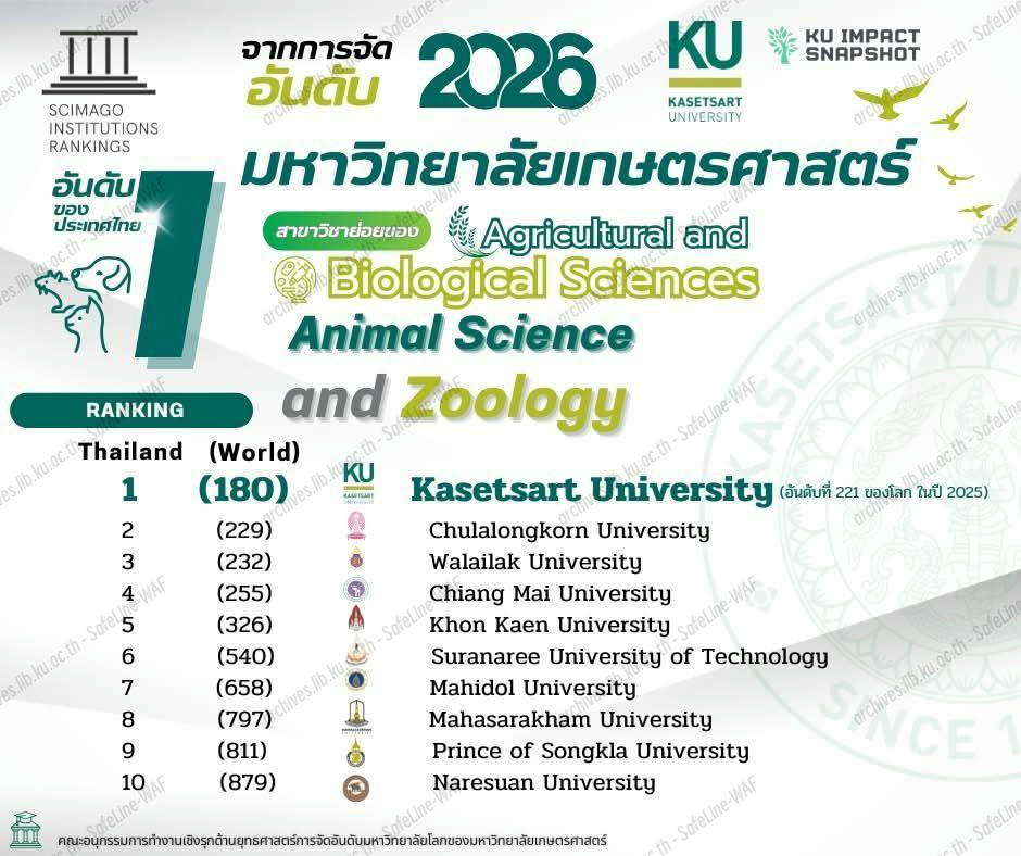 มหาวิทยาลัยเกษตรศาสตร์ ได้รับอันดับ 1สาขา Animal Science and Zoology ของไทย จากSCImago 2026
