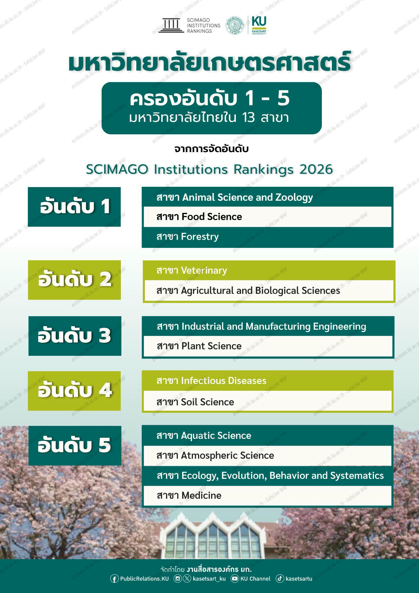 มหาวิทยาลัยได้รับการจัดอันดับ 1-5 ใน 13 สาขาวิชา จาก SCIMAGO Institutions Rankings 