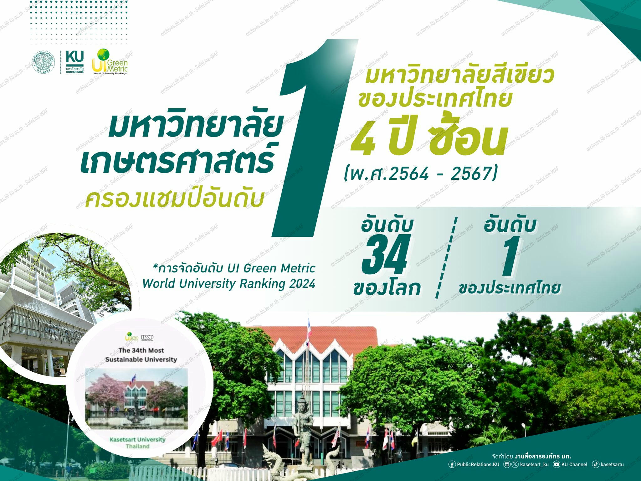มหาวิทยาลัยเกษตรศาสตร์ได้รับ อันดับที่ 1 ของไทย อันดับ 34 ของโลก จาก UI Green Metric World University Ranking